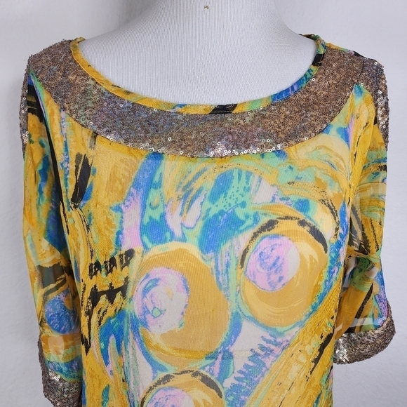NEW YELLOW URBAN MANGOZ SIZE S, SEQUINS MULTICOLOR BLOUSE FALL SHEER AQUA - Picture 4 of 17
